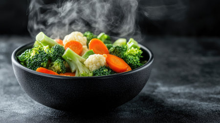 A vibrant arrangement of fresh steamed vegetables including broccoli, cauliflower, and carrots in a black bowl. The steam rising adds warmth to the healthy meal, highlighting nutrition and culinary delight.の素材