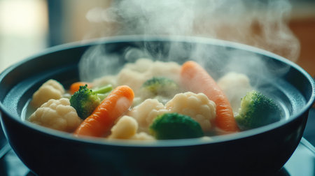 A vibrant display of fresh vegetables steaming in a black pot, showcasing broccoli, cauliflower, and carrots. Perfect for healthy cooking and meal prep!の素材