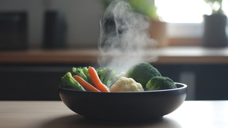 A beautifully presented bowl of fresh steamed vegetables featuring broccoli, carrots, and cauliflower. The steam rising adds a warm and inviting touch, perfect for healthy meals.の素材