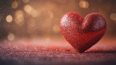 A stunning closeup of a red heart adorned with sparkles, set against a shimmering background. Perfect for themes of love, celebration, and romantic events.の素材