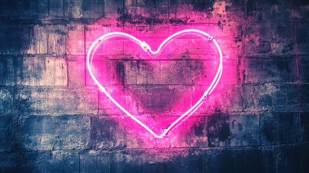 This striking neon pink heart sign illuminates a textured grey wall, creating a romantic and vibrant atmosphere. Perfect for decor and artistic backgrounds.の素材