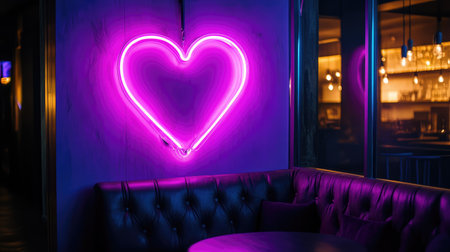 A vibrant neon heart sign glows pink and purple on a restaurant wall, adding a romantic touch to a cozy seating area. Perfect for nightlife ambiance.の素材