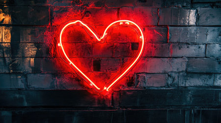 A glowing neon heart sign in vibrant red against a textured brick wall, creating a warm ambiance ideal for romantic settings or artistic displays.の素材