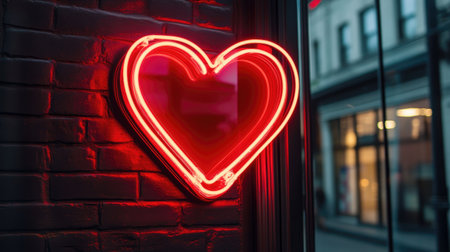 This striking neon heart sign radiates a warm red glow against a dark brick wall, creating a romantic and vibrant atmosphere, perfect for urban decor.の素材