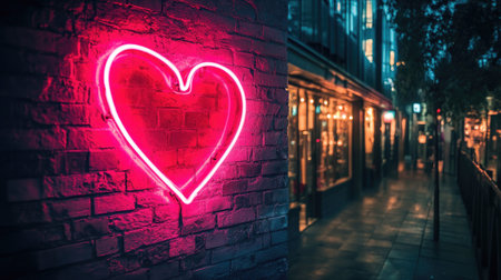 A glowing neon heart sign prominently displayed on a brick wall captures attention in a vibrant urban street scene during the evening, evoking romance.の素材