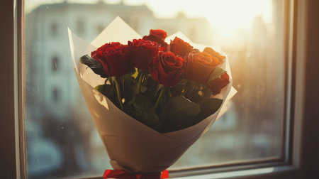 A striking arrangement of red roses beautifully resting on a sunlit window sill, capturing the essence of romance and elegance in a cozy setting.の素材