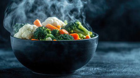 A visually appealing dish of fresh steamed vegetables including broccoli, cauliflower, and carrots in a black bowl, perfect for illustrating healthy eating.の素材