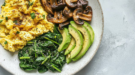 A vibrant breakfast plate featuring fluffy scrambled eggs, sautの素材