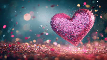 A vibrant pink heart shape sparkles amidst a burst of colorful glitter and confetti, creating a joyful and celebratory atmosphere perfect for expressing love and creativity.の素材
