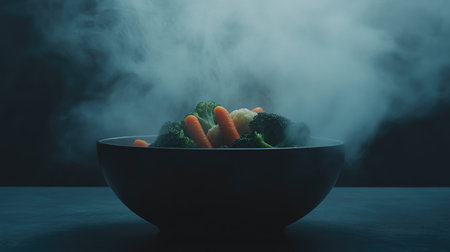 A steaming bowl of fresh broccoli and carrots is beautifully presented against a dark background, showcasing healthy cooking and vibrant colors.の素材