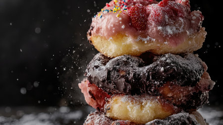 A vibrant stack of donuts features chocolate and strawberry flavors, coated in powdered sugar and colorful sprinkles, perfect for any sweet occasion.の素材