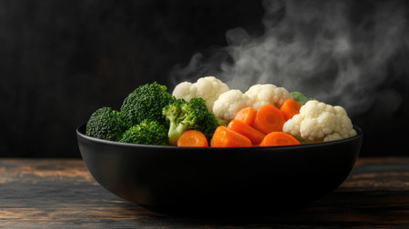 A vibrant arrangement of freshly steamed broccoli, cauliflower, and carrots in a black bowl, with steam rising to create a warm and inviting atmosphere. Perfect for healthy meal inspiration.の素材