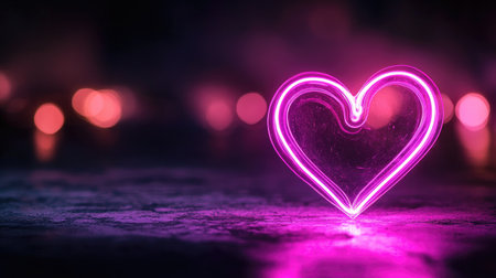 A vibrant pink neon heart shape illuminates a dark background, creating a romantic atmosphere. The bokeh effect adds depth and charm to this artistic shot.の素材