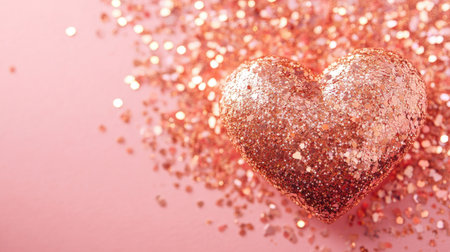 A shimmering heart covered in sparkling glitter rests on a soft pink background, perfect for themes of love, celebration, and romantic gifts throughout the year.の素材