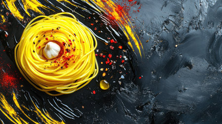 A delightful nest of freshly made spaghetti sits on a dark surface, adorned with spices and olive oil, creating a vibrant culinary masterpiece full of flavor.の素材
