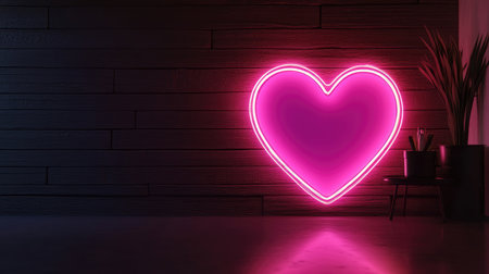 A vibrant neon heart sign glowing against a dark wooden wall, creating a modern atmosphere. Ideal for themes of love, romance, and contemporary interior design.の素材