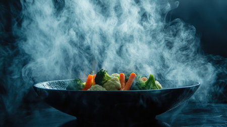 A beautifully styled bowl of freshly steamed vegetables, including broccoli, cauliflower, and carrots, enveloped in swirling steam, set against a dark background, evoking a sense of freshness and culinary elegance.の素材