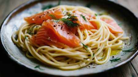 Indulge in a delectable dish of creamy salmon pasta, featuring fresh herbs and a sprinkle of seasoning, perfect for any gourmet meal or occasion.の素材