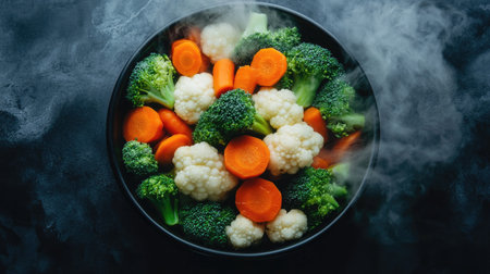 A vibrant mix of fresh steamed vegetables including broccoli, carrots, and cauliflower presented in a black bowl, perfect for healthy meal ideas and culinary inspiration.の素材