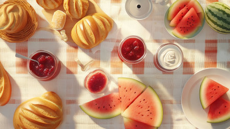 A sunlit table featuring a delightful arrangement of fresh watermelon slices, assorted breads, and sweet jam, creating a vibrant summer atmosphere perfect for casual dining or picnics.の素材