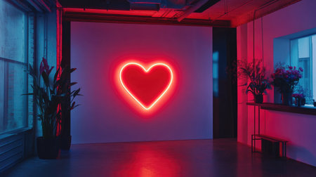 A captivating neon heart installation illuminates a modern interior space, surrounded by lush plants. The warm glow creates a romantic and inviting ambiance.の素材