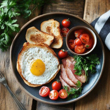 A beautiful breakfast plate featuring a sunny-side-up egg, crispy bacon, ripe cherry tomatoes, and toasted bread on a rustic wooden table.の素材