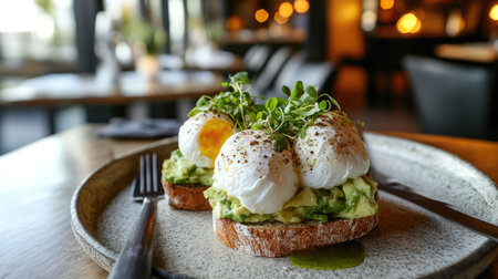 A vibrant display of poached eggs on creamy avocado toast, garnished with fresh herbs. This appetizing scene captures a delightful breakfast experience in a cozy eatery.の素材