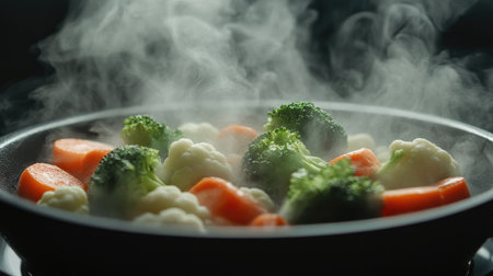 A vibrant assortment of fresh vegetables steaming in a pan, showcasing the natural colors and textures. Perfect for healthy cooking and culinary presentations.の素材