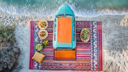 A charming vintage vehicle parked on a vibrant rug by the beach, surrounded by fresh fruits, creating an inviting scene of relaxation and adventure.の素材