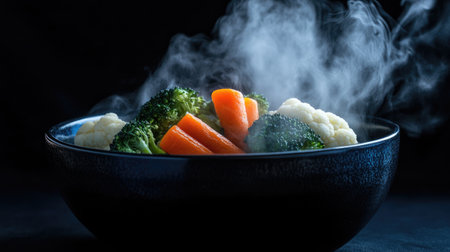 A steaming bowl filled with colorful fresh vegetables like broccoli, carrots, and cauliflower. The steam rises against a dark background, evoking warmth and freshness while highlighting healthy cooking.の素材