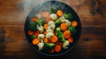 A vibrant bowl of freshly steamed vegetables including broccoli, cauliflower, and carrots, showcasing a healthy diet and culinary preparation on a wooden table.の素材
