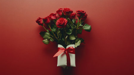 A stunning bouquet of red roses wrapped in white with a red ribbon, perfect for expressing love and appreciation. Ideal for celebrations and special moments.の素材