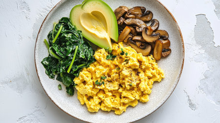 A vibrant plate featuring fluffy scrambled eggs complemented by fresh spinach, creamy avocado, and sautの素材