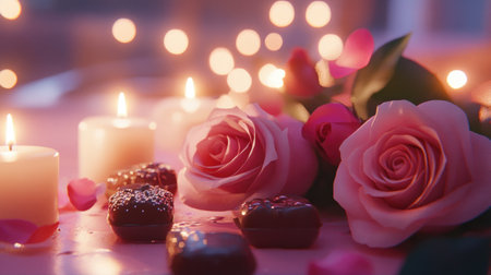 Captivating romantic setup featuring delicate roses, delicious chocolates, and flickering candles, creating an intimate ambiance perfect for love celebrations.の素材
