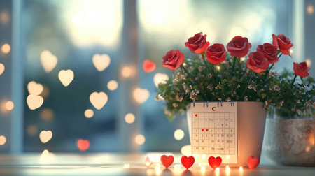 A charming scene featuring a calendar and vibrant roses in soft light, creating a romantic atmosphere perfect for celebrations of love and friendship.の素材