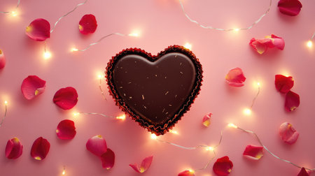 A beautifully arranged heart-shaped chocolate cake adorned with vibrant rose petals and soft fairy lights, perfect for romantic celebrations and special occasions.の素材