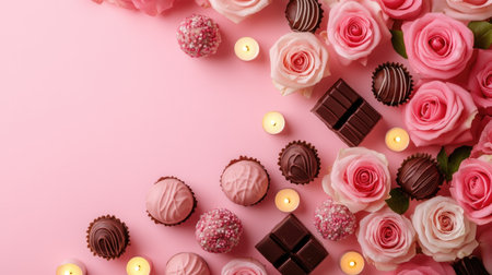 Soft pink roses, flickering candles, and an array of delectable treats create a romantic and inviting scene perfect for celebrations and special occasions.の素材