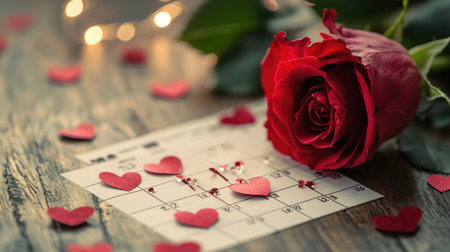 A beautiful red rose accompanied by heart-shaped confetti scattered on a calendar, creating a romantic mood perfect for special occasions and celebrations.の素材