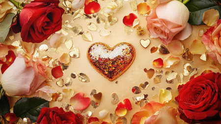 A delightful heart-shaped cookie adorned with sparkling decorations sits amidst vibrant roses and colorful petals, creating a warm and romantic atmosphere perfect for celebrations.の素材
