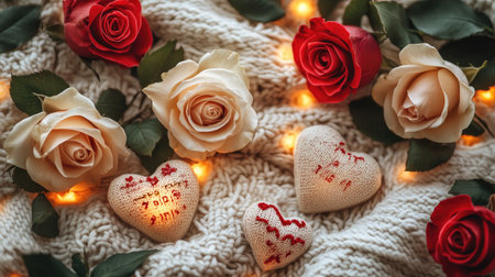 This captivating image features beautiful roses and decorative hearts on a soft knit background, creating a warm and romantic atmosphere perfect for any love-themed setting.の素材