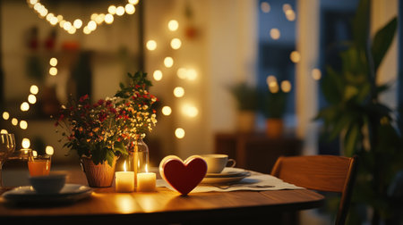 A cozy dinner table adorned with flowers and candlelight, creating a romantic ambiance perfect for evenings filled with joy and intimacy.の素材