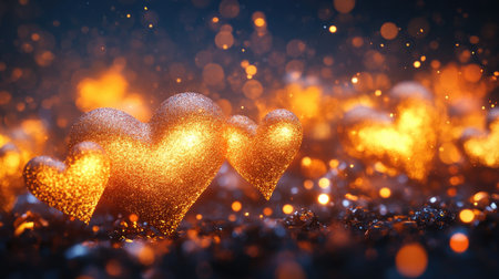 Captivating image of shimmering heart shapes surrounded by glittering lights. This artwork evokes feelings of romance and celebration, perfect for various creative projects.の素材