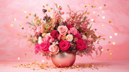 Stunning flower arrangement featuring pink and red roses with delicate accents, perfect for romantic events or celebrations, creating a charming atmosphere.の素材