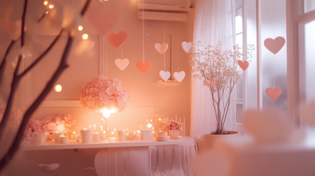 A charming romantic interior featuring soft pink hearts, warm candlelight, and floral arrangements, creating a perfect setting for love and celebration.の素材