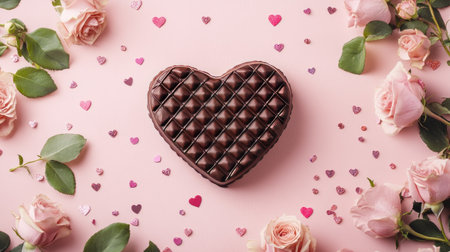 A heart-shaped chocolate surrounded by delicate pink roses and scattered hearts creates a romantic and festive atmosphere perfect for love celebrations.の素材