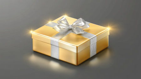 A shiny gold gift box adorned with a silver ribbon and bow, radiating warmth and cheer. Perfect for celebrations, holidays, or special moments to express joy.の素材