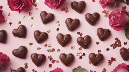 A delightful arrangement of heart-shaped chocolates surrounded by vibrant red roses and playful confetti, perfect for celebrating love and special occasions.の素材