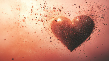 An abstract representation of a vibrant heart bursting into sparkling particles against a soft backdrop, conveying themes of love and celebration.の素材