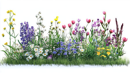 This image showcases a vibrant display of garden flowers in full bloom, creating a colorful and lively atmosphere. It captures the beauty of nature and the serenity of a flourishing garden.の素材