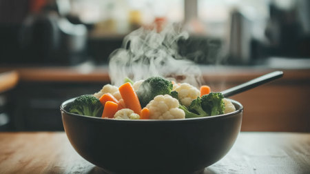 A steaming bowl of fresh vegetables including broccoli, cauliflower, and carrots. Ideal for showcasing healthy eating and vibrant cooking in a cozy kitchen setting.の素材